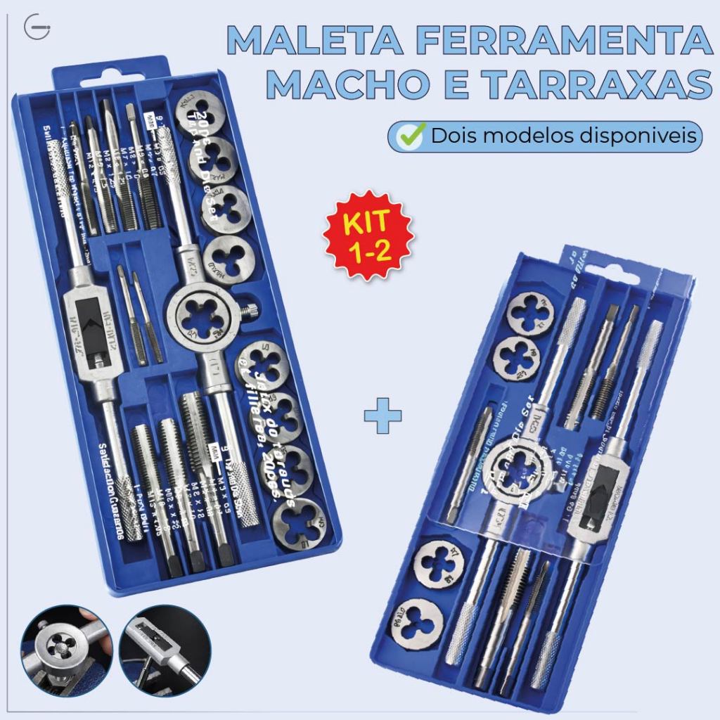 Kit Jogo Cossinete Macho e Tarraxa Rosca 3-12mm 20 Peças com Maleta Aço