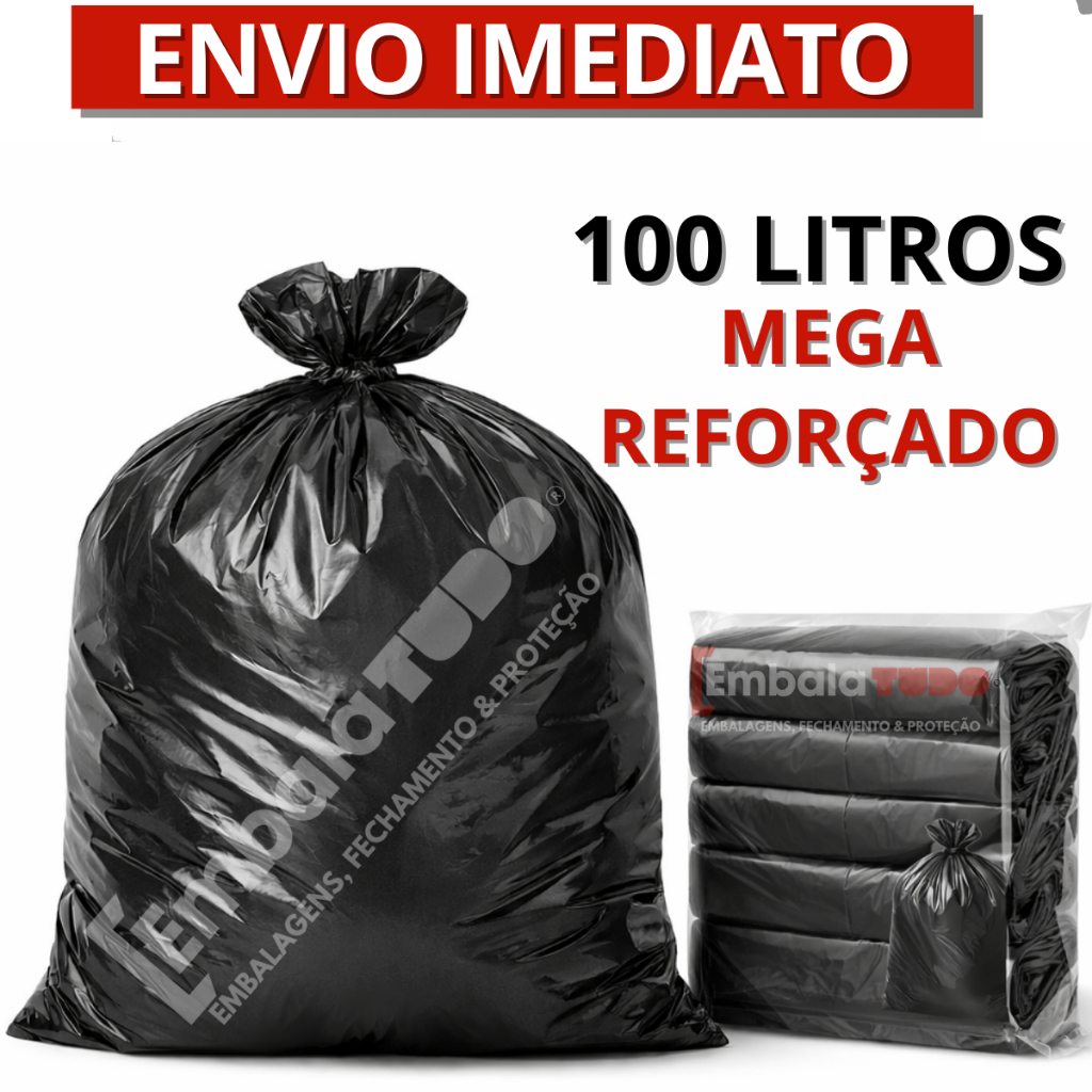 Saco de Lixo 100L Litros  REFORÇADO Plastico Preto Super Resistente 75x90cm