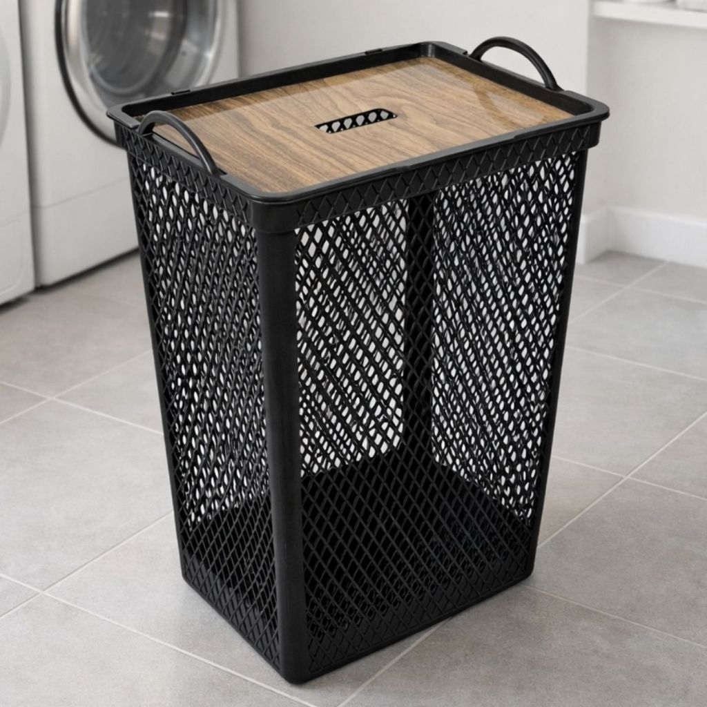 Cesto De Roupa Suja Com Tampa Grande 49L Preto Telado P/ Banheiro Lavanderia – Plástico Reforçado