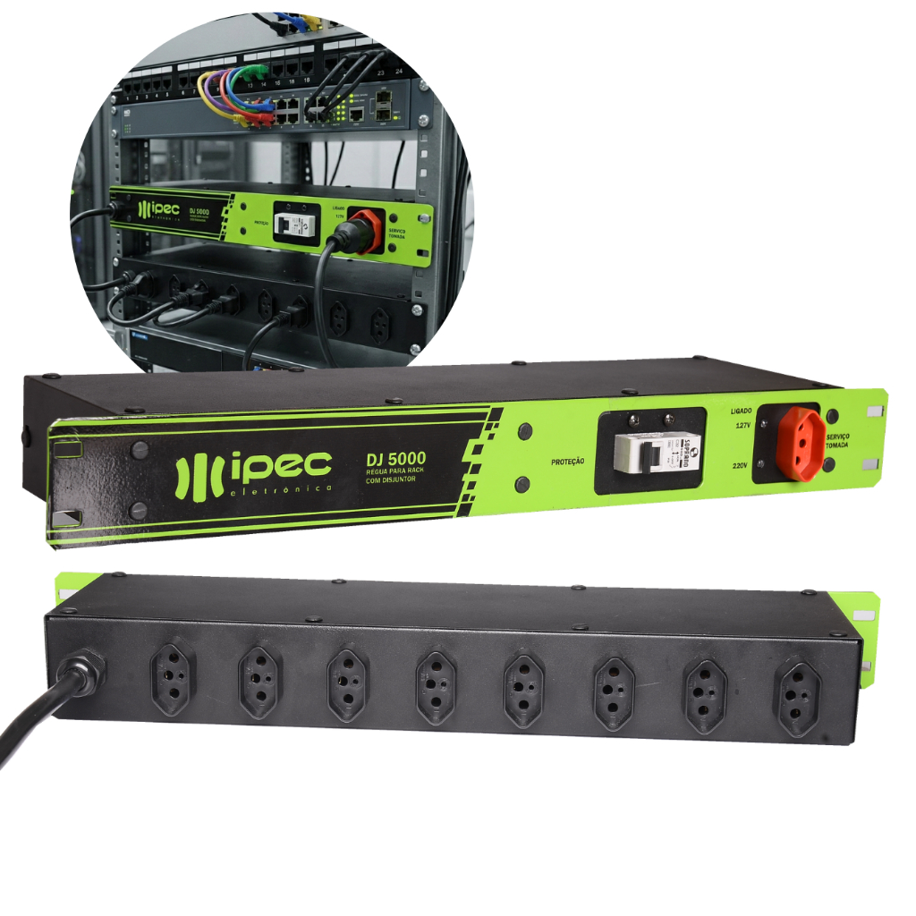 Régua Filtro de Linha DJ5000 Ipec Profissional Rack 19" 8 Tomadas 20A Bivolt Com Disjuntor