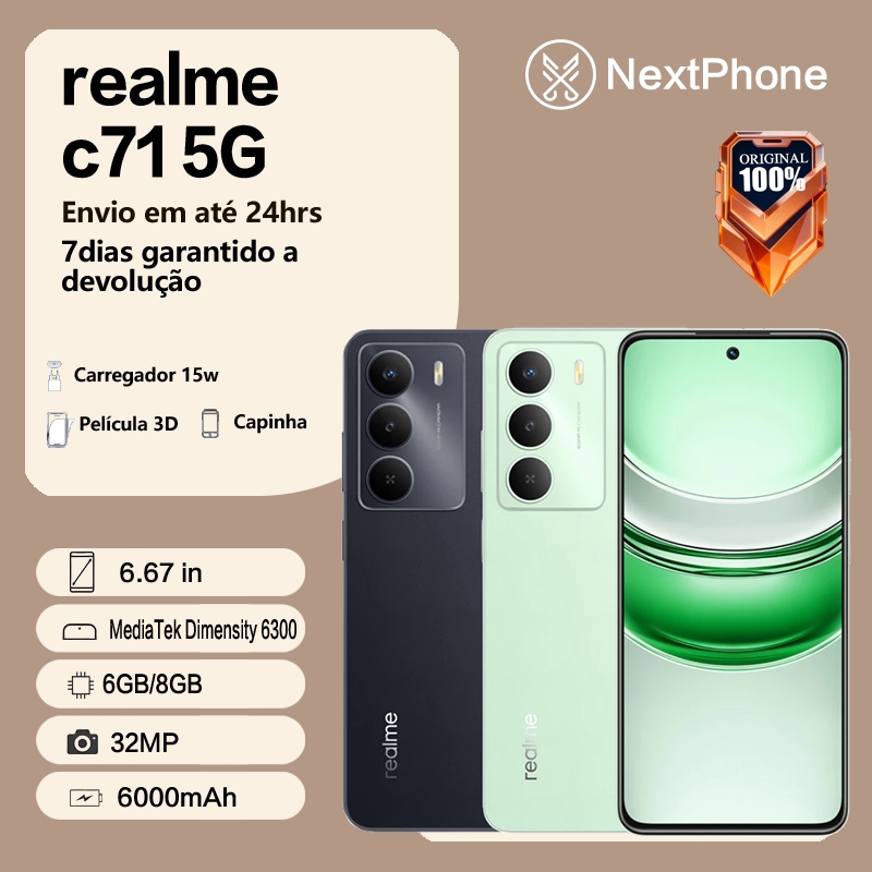 Realme C71 5G 8+256GB RAM, Processador MediaTek Dimensity 6300, Versão global