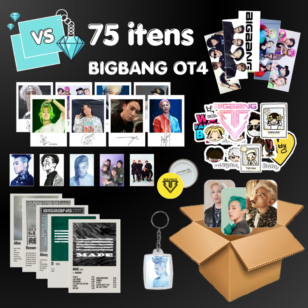 Combo BIGBANG 75 itens Photocards, Adesivos, Bottons, Mini Fotos, Chaveiro, Posters, Cards