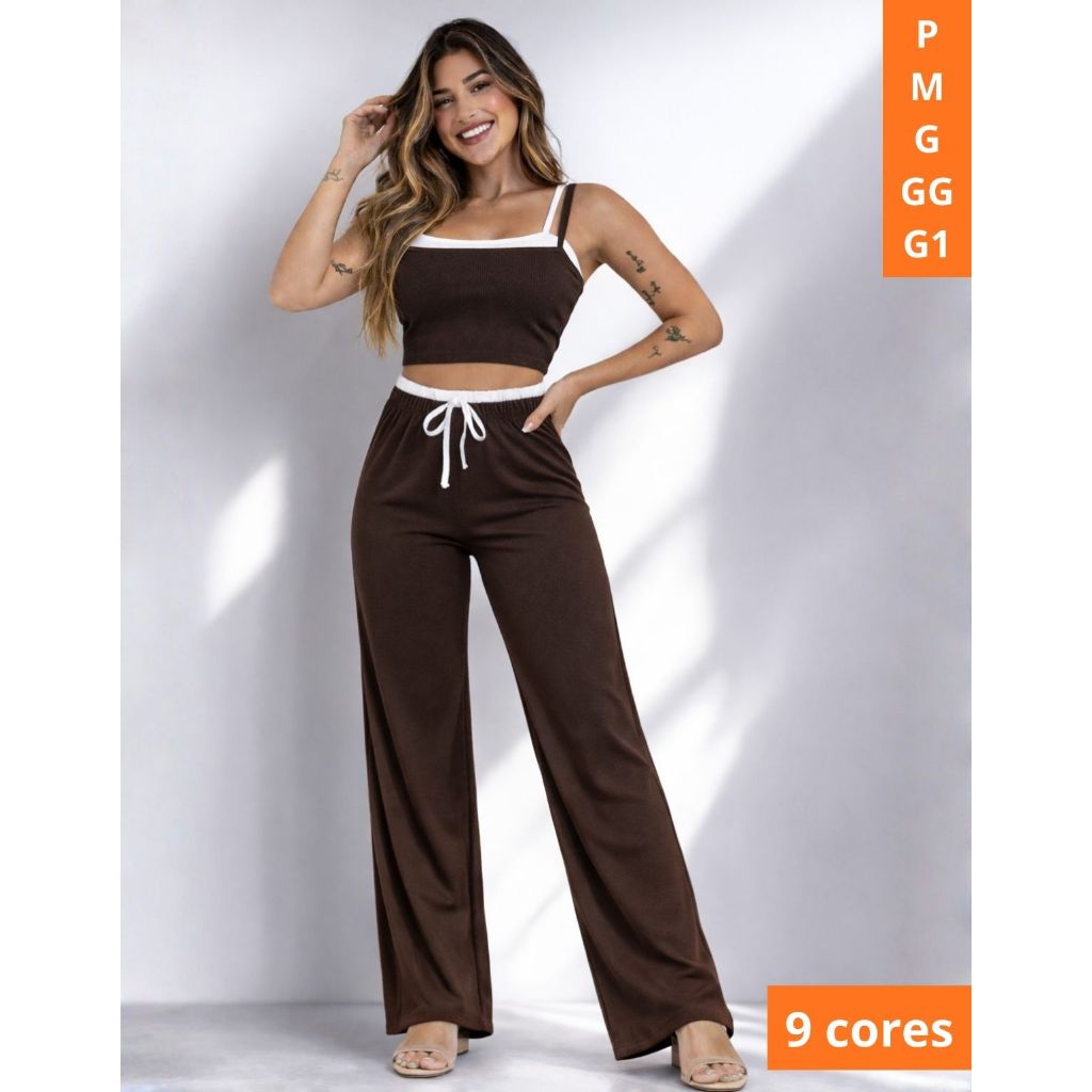 Conjunto Ribana Top alcinhas dupla e Calça Pantalona cós alto duplo P ao G1 em Oferta na Shopee