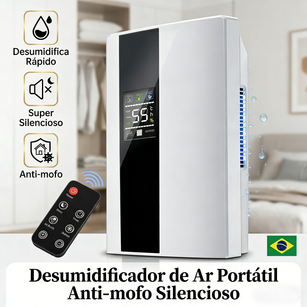 Desumidificador de Ar Portátil Anti-mofo Silencioso para Quarto e Guarda-Roupa Bivolt + Controle Remoto