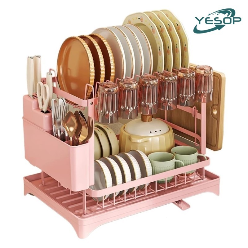 YESOP Escorredor De Louças Rosa 2 Andares Aço Carbono Com Dreno 360° E Porta Copos Pratos Premium em Oferta na Shopee