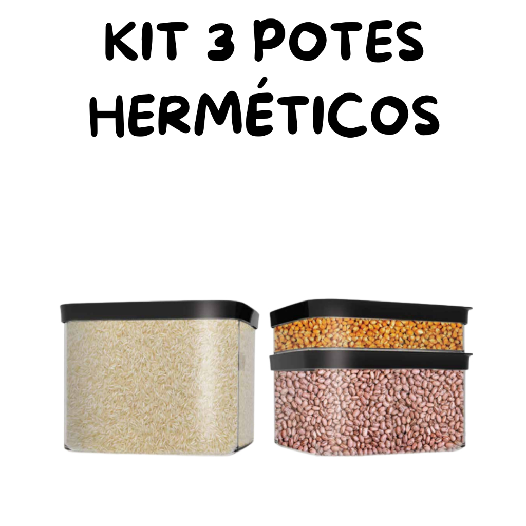 KIT POTES HERMÉTICOS COM VEDAÇÃO TRANSPARENTE GRAN ORGANIZADORE COZINHA PORTA ALIMENTOS ARROZ FEIJÂO