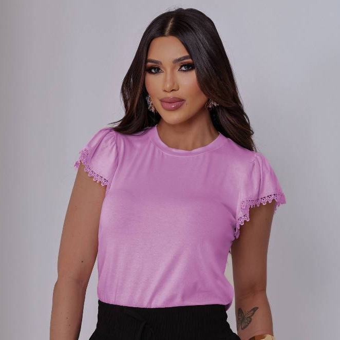 Blusa Feminina Baby look com Renda Babado Viscolycra Premium Casual Elegante Verão