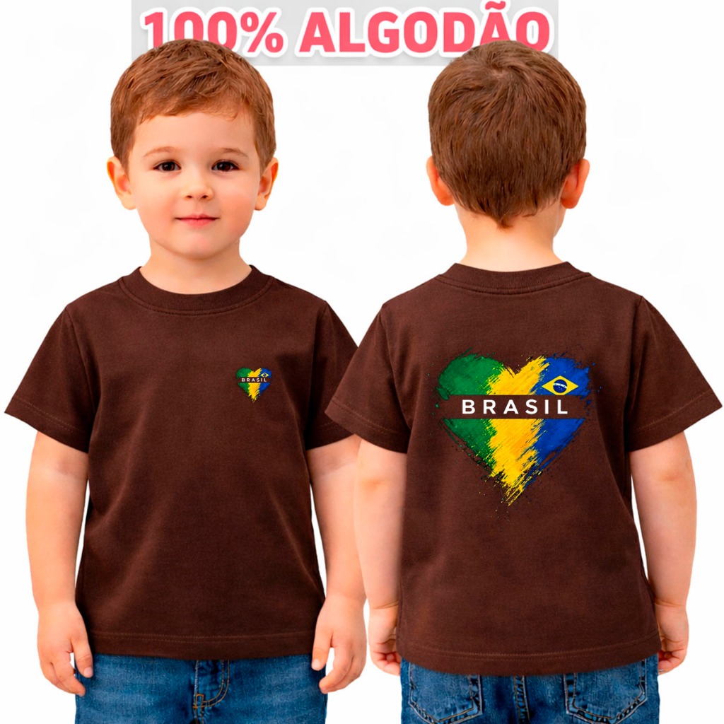 Camiseta Infantil Juvenil Frente+Costa Brasil Coração Copa Seleção Algodão Conforto Diário Menino Unissex