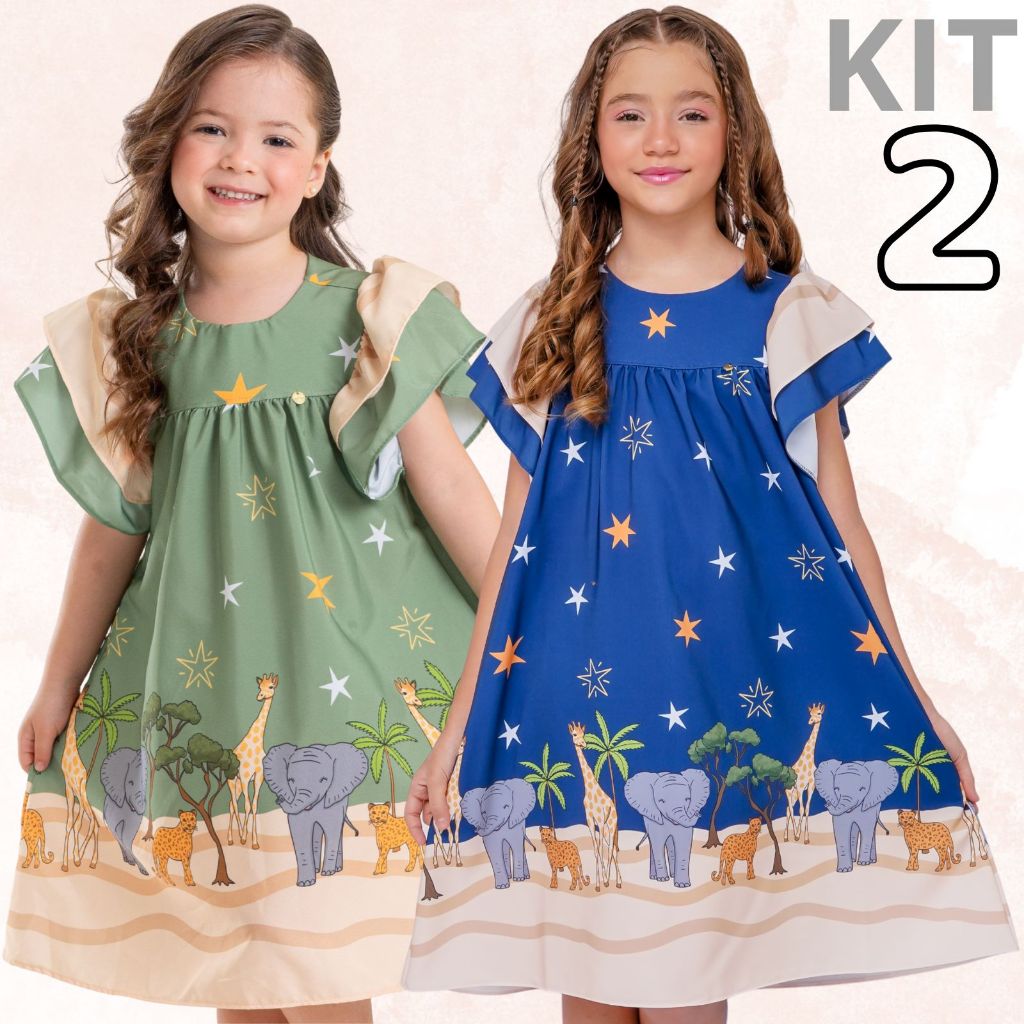 Kit 2 Vestidos Infantil Casual Luxo Blogueirinha Dia-a-dia Menina Feminino Festa Criança Confortável