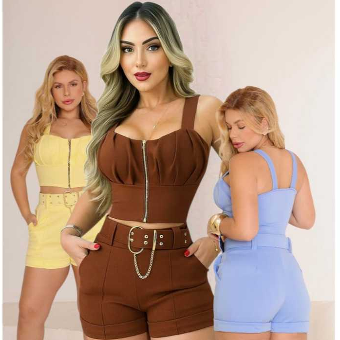 CONJUNTO FEMININO CREPPED MAITE/ALÇA/ZIPER+SHORT CON CINTO EM NEOPRENE