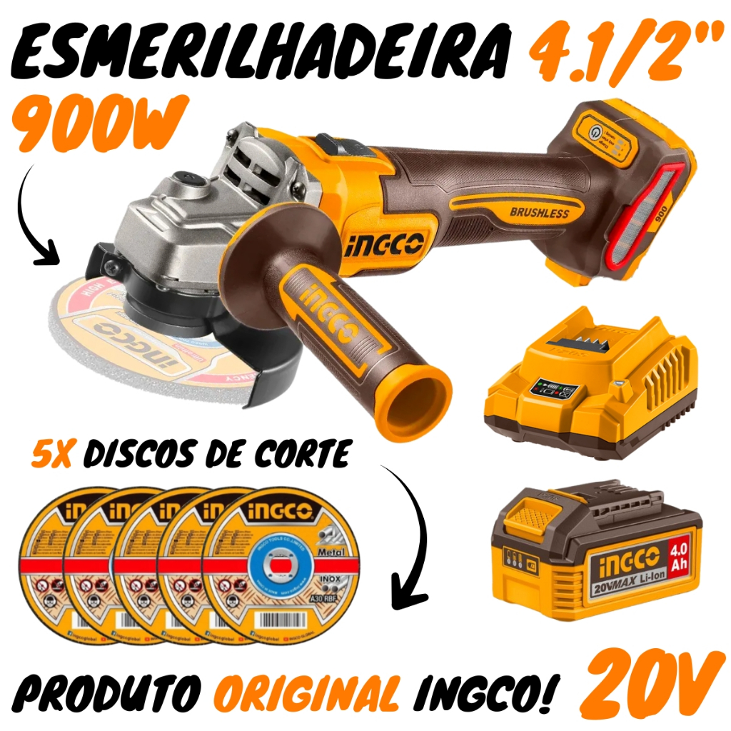 Esmerilhadeira 4.1/2" Brushless 20v 900w (CAGLI261521-9) - Ingco