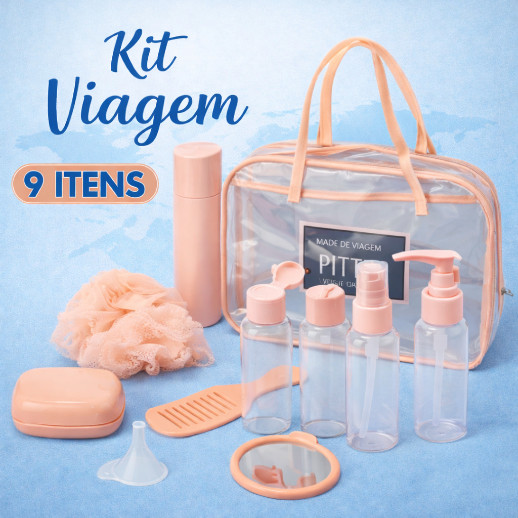 Imagem Kit Viagem Com Necessaire Frascos Higiene Pessoal Creme Shampoo Saboneteira