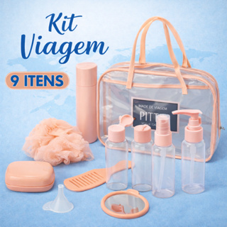 Kit Viagem Com Necessaire Frascos Higiene Pessoal Creme Shampoo Saboneteira em Oferta na Shopee