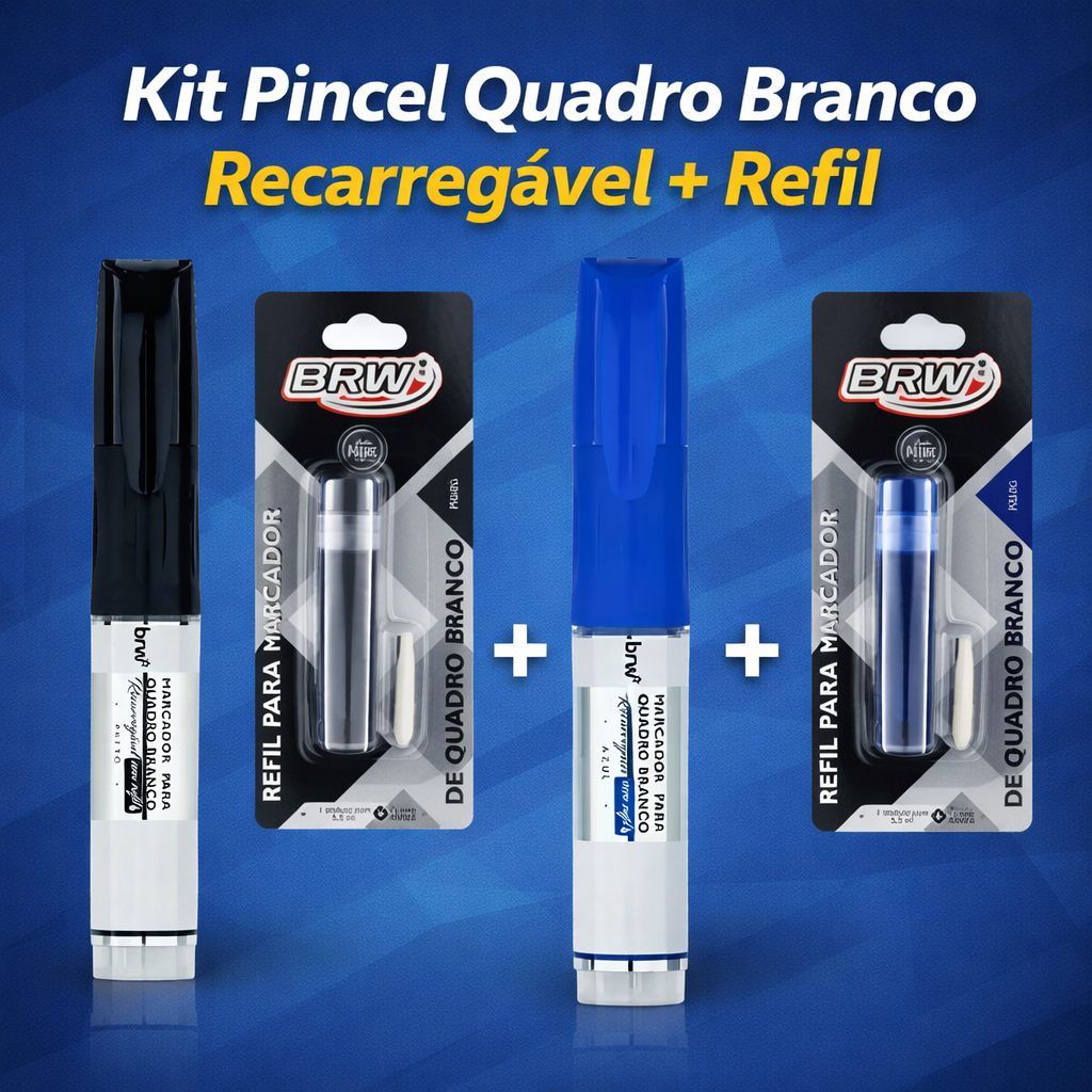 Kit Pincel Quadro Branco Recarregável BRW + Refil Tinta Original Ponta Extra Escrita Intensa Escolar Escritório
