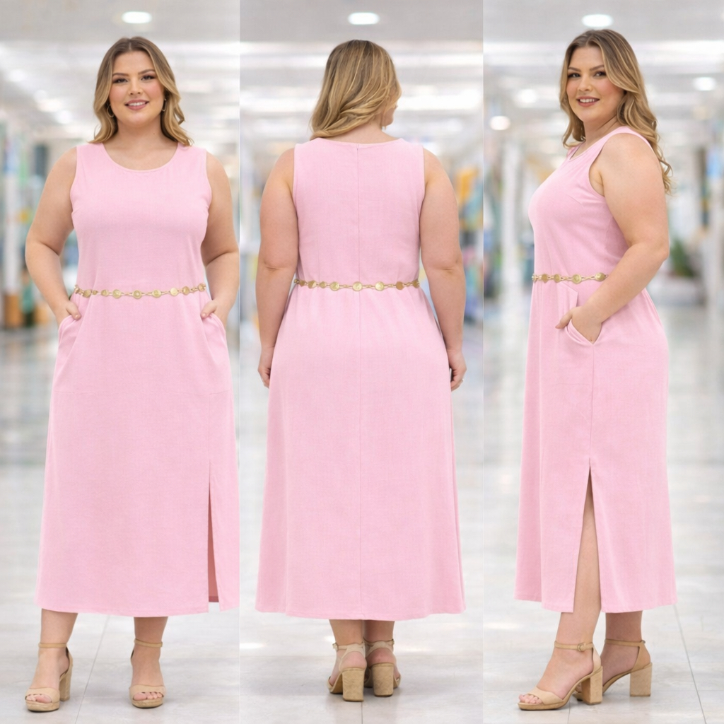 Vestido Regata Feminino Linho com Forro Zíper na Costas Longo Fenda Lateral Elegante Verão Não Pinica Plus Size GG G1 G2 em Oferta na Shopee
