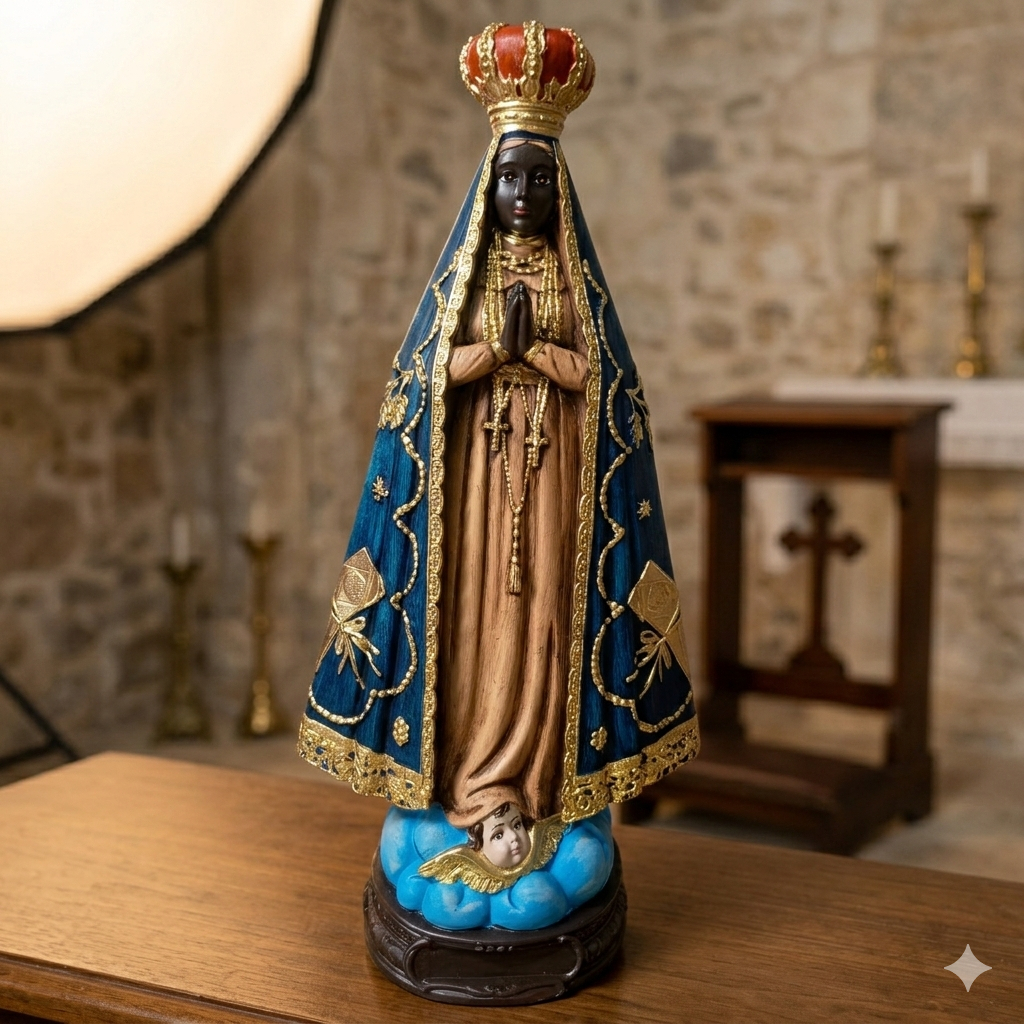 Nossa Senhora Aparecida 28,5cm em Gesso Marmorizado e Dourado Imagem Sacra Decorativa Variações