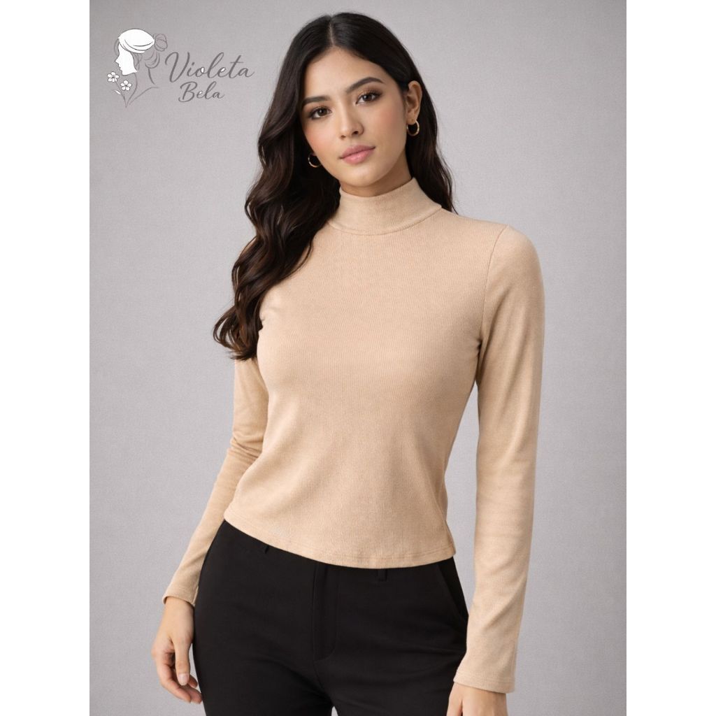 Blusa Feminina Gola Alta Canelada Manga Longa Ajustada Elegante Básica Moda Inverno