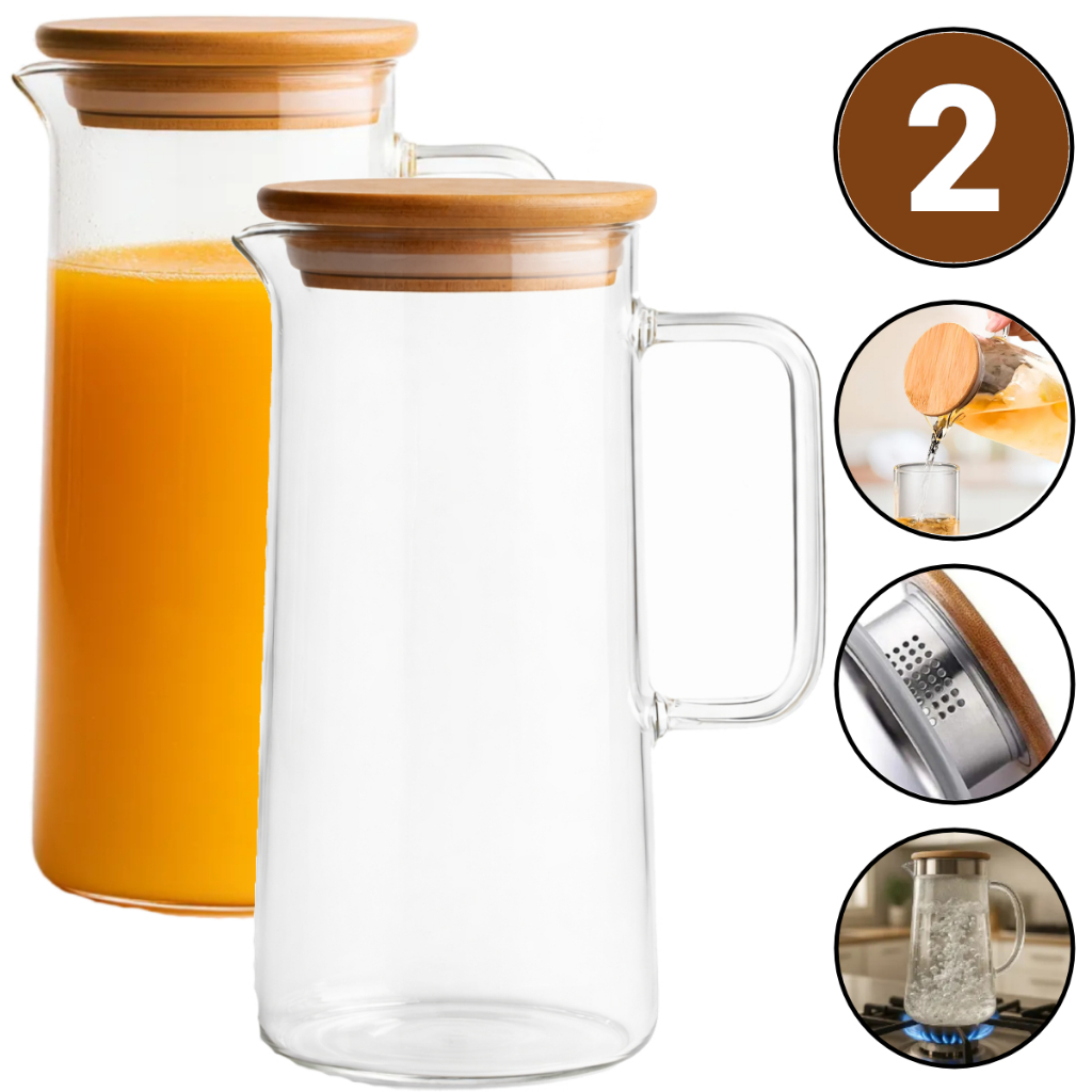 Jarra De Vidro Com Tampa De Bambu Borossilicato 1,8l Filtro 2 Em 1 Vedação Para Bebidas Sucos Drinks Resistente