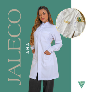 Jaleco Feminino  Personalizado Bordado  Acinturado Gabardine Branco Gola Padre Botão hospitalar em Oferta na Shopee