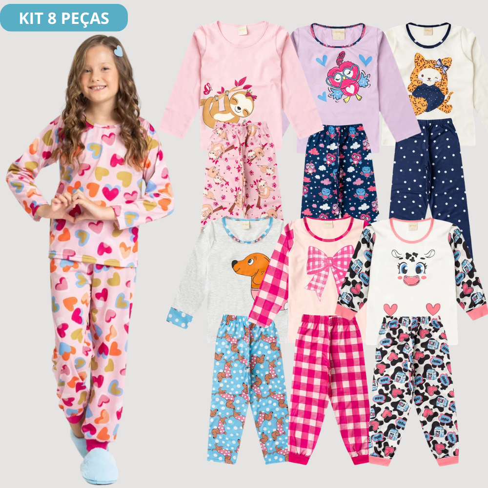Kit Sortido 8 Peças de Pijamas Longo Infantis Menina Inverno - 4 Conjuntos