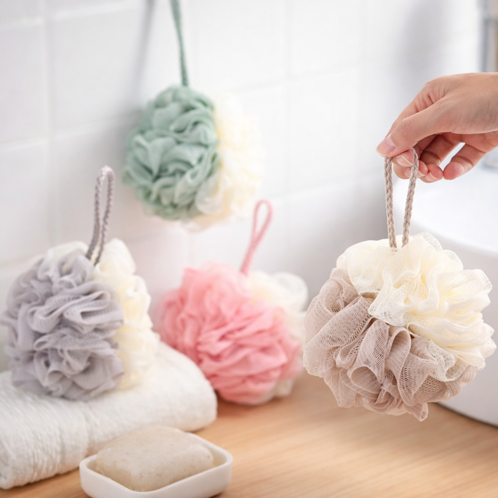 Esponja Bucha de Banho Nylon Bicolor Macia Esfoliante Corporal com Alça Alta Qualidade