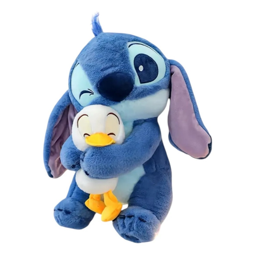 Urso De Pelúcia Stitch Azul Com Pato 25cm Antialérgico Lindo