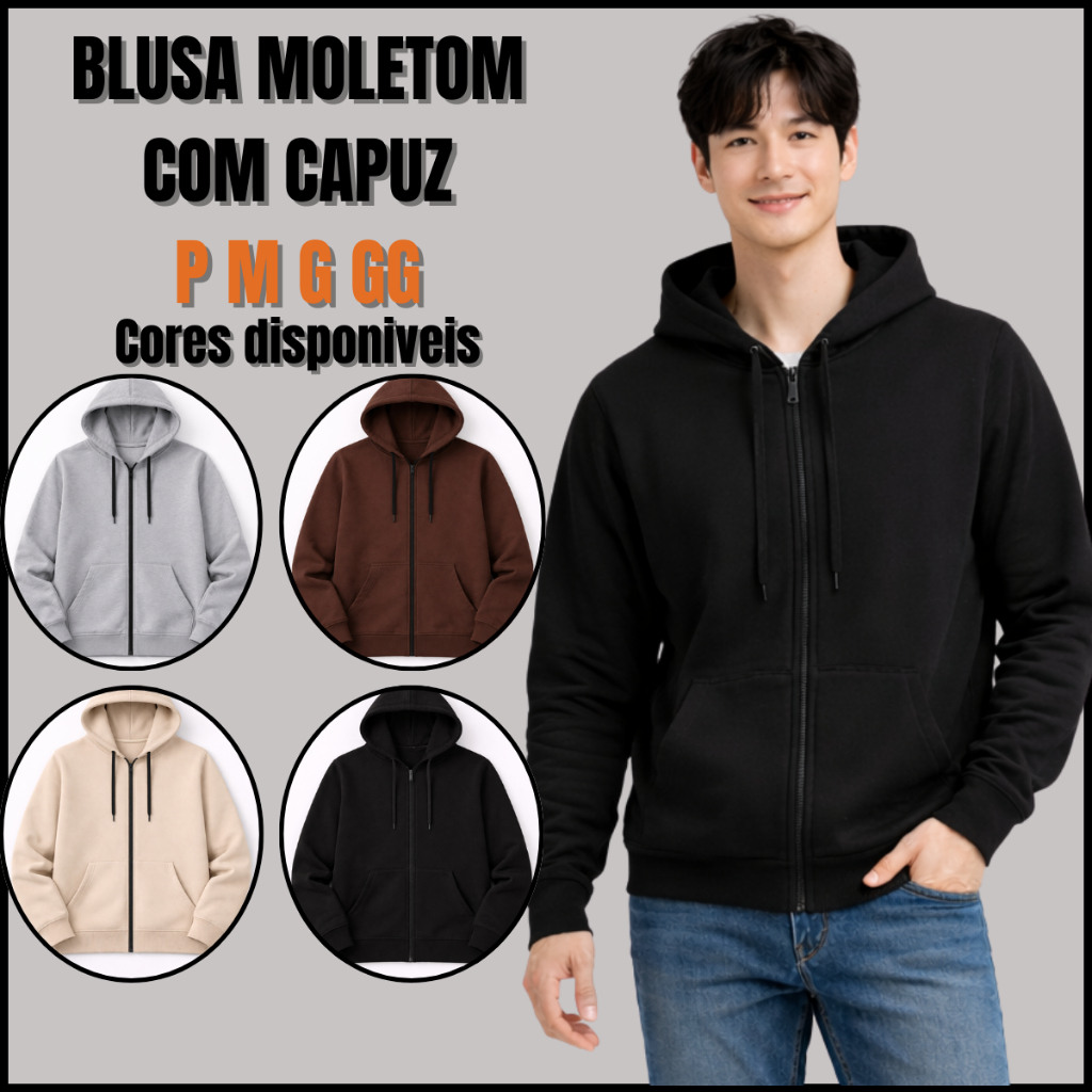 Moletom Blusa Aberto Com Ziper e Capuz de Frio INVERNO LISO CASACO Masculina Flanelada Bolso Canguru