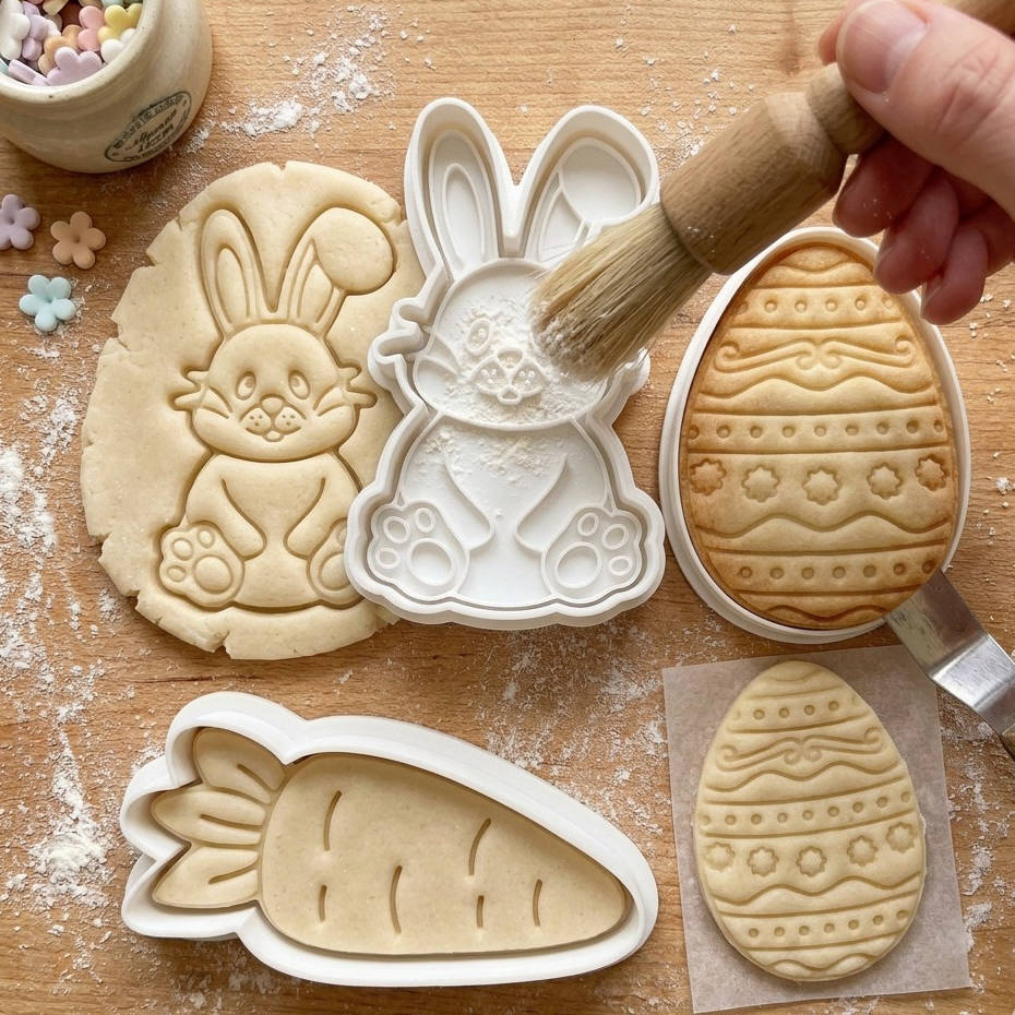 Kit 3 Cortador Biscoito Molde Páscoa Coelho Ovo Marcador Carimbo Cookie Massa Biscuit Pasta Americana Infantil Fofo