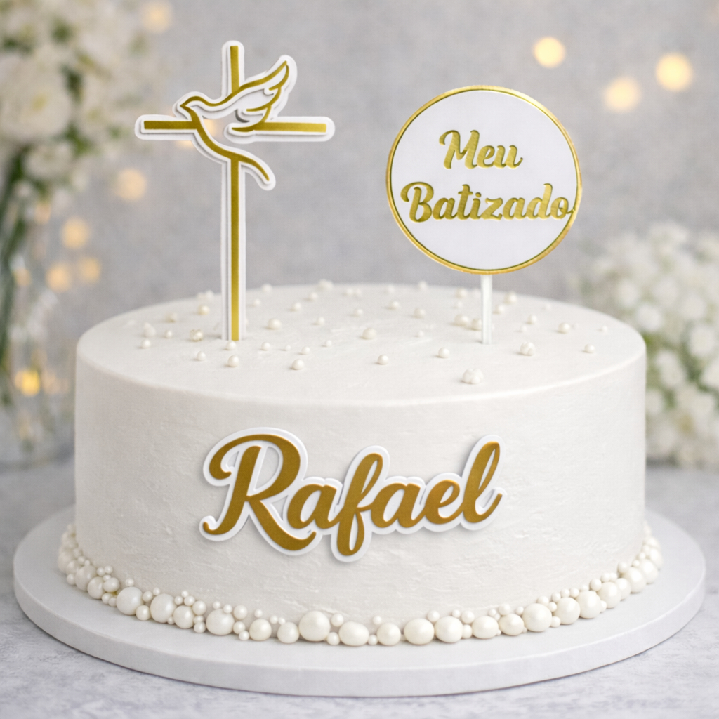 Topo de Bolo Batizado Menina/Menino Personalizado com Nome - Batizado Menina/Menino - Topper
