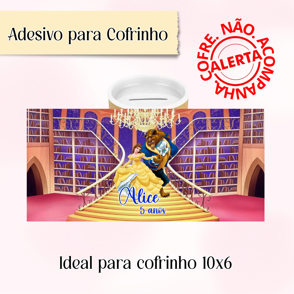 Rótulo Adesivo para Cofrinho Personalizado A bela e a Fera - Adesivo Personalizado Cofrinho 10x6