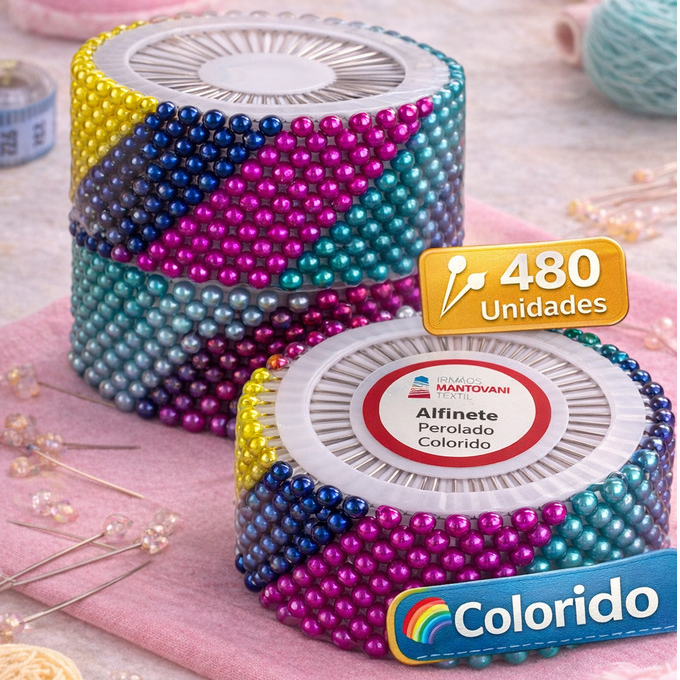Alfinete Cabeça Colorida 35mm Kit 480 Unidades (12 Discos) – Alfinetes para Costura Patchwork Artesanato e Organização