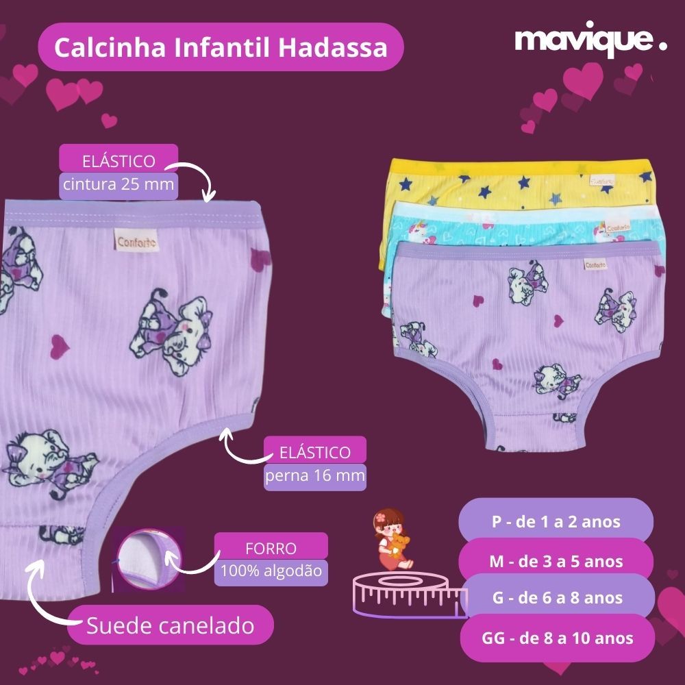 Kit 3 Calcinha Infantil Suede Feminina Menina Estampado Criança Infantis Confortavel Kids Moça Colorida
