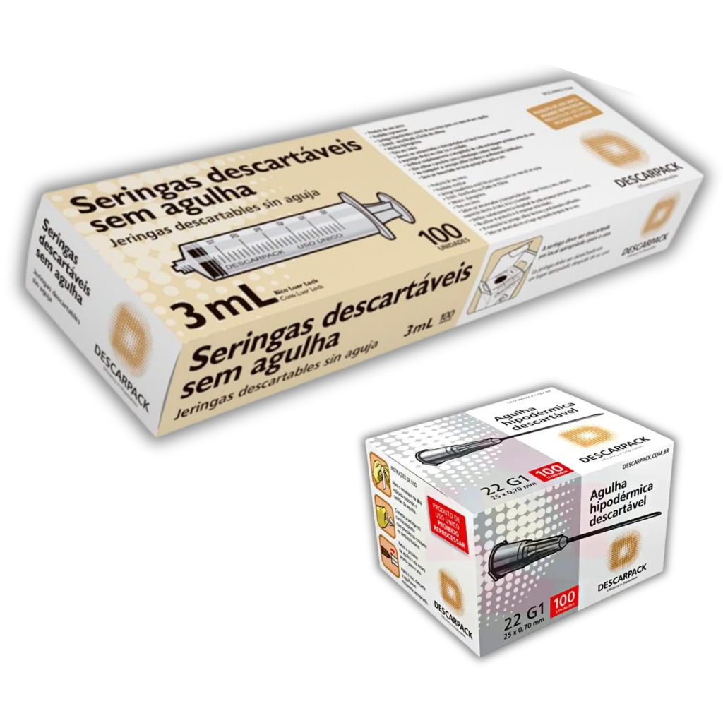 Kit 100 Seringas 3ml Bico Ll + 100 Agulhas 25x0,7 Descarpack