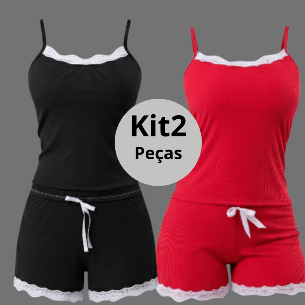 Kit 2 Pijamas Baby Doll Sexy Short Doll Canelado Feminino Detalhe de Renda Luxo Premium Sem Bojo Para Dormir