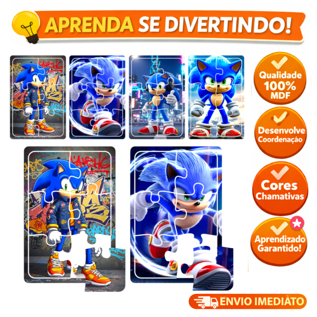 Kit 4 Jogos Quebra Cabeça Educativo Infantil SONIC em madeira para meninos em Oferta na Shopee