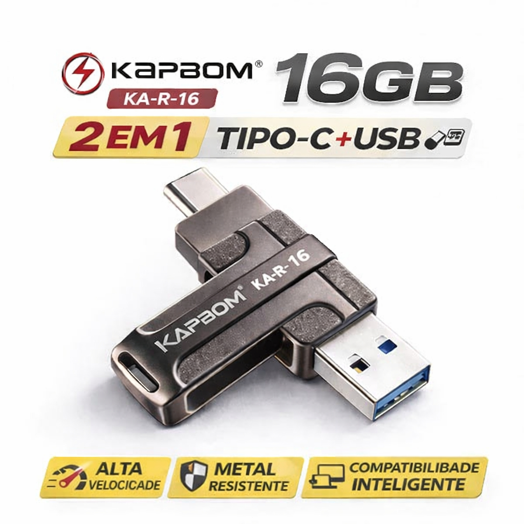 Pendrive 16GB Kapbom KA-R-16 USB 3.0 + Tipo-C 140MB/s Metal OTG Para Notebook Celular Android