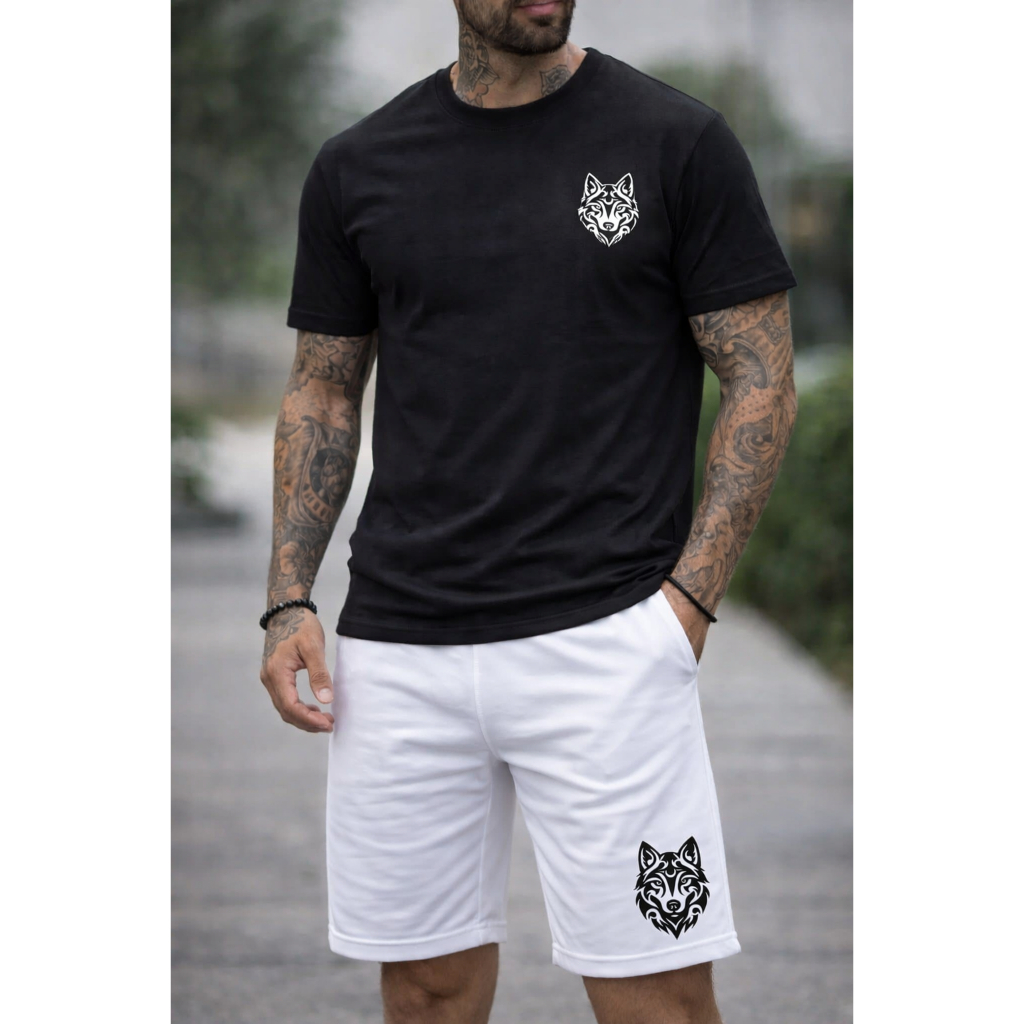 Kit Camiseta Bermuda Masculina Combo conjunto Camiseta + Bermuda Lobo Tribal - Estampa Premium