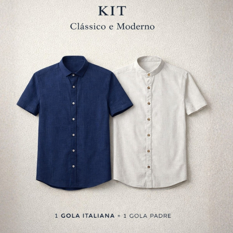 Kit 02 Camisas Gola Italiana + Gola Padre Manga Curta Linho Moderno Premium Sofisticado em Oferta na Shopee