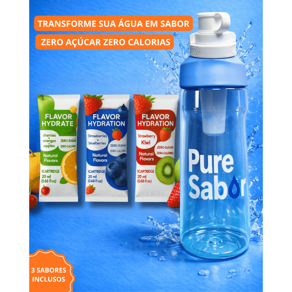 Garrafa de Água Saborizada Pure Sabor + 3 Sabores | Squeeze Saborizador de Água | Zero Açúcar Zero Calorias Azul em Oferta na Shopee