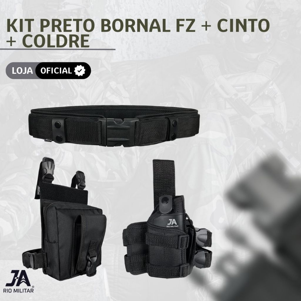 Kit Cinto Tático + Bornal + Coldre De Perna Ja Rio Militar (PRETO)