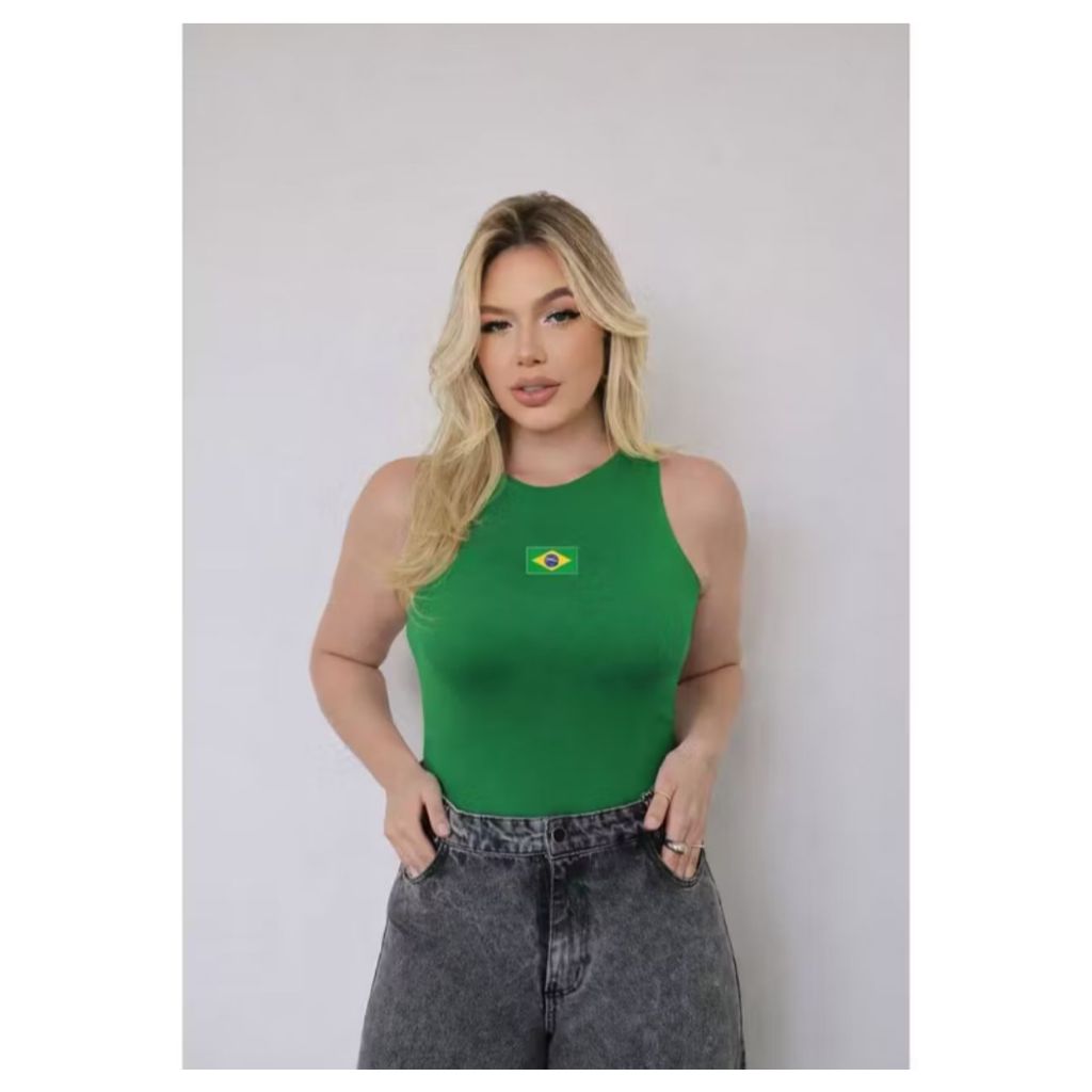 Regata Feminina Ribana Regata do Brasil Estilo Gringa Brasilidades Blusa Brasil Copa Do Mundo Canelada Algodão Amarelo