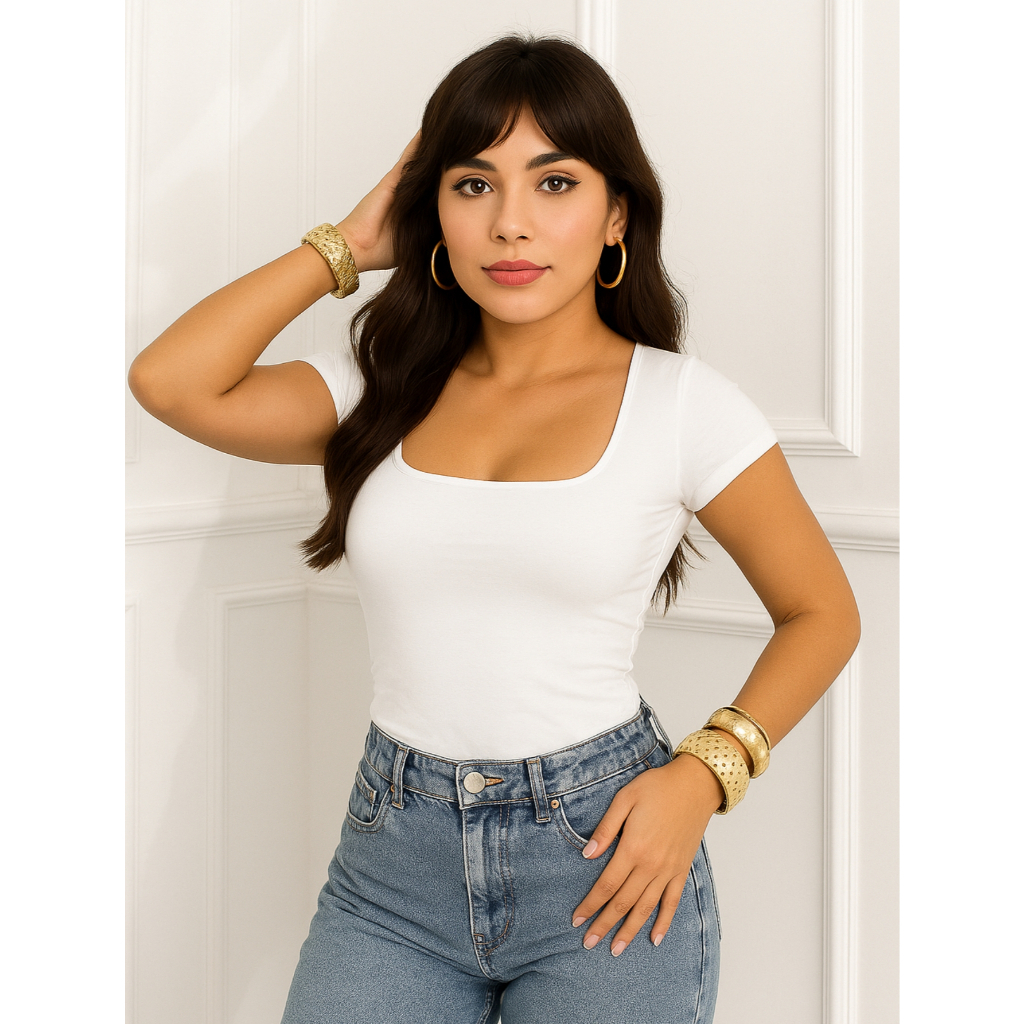 Blusa Baby Look Feminina Básica Com Decote Quadrado Com Manga Curta Moda Casual Versátil Blogueira