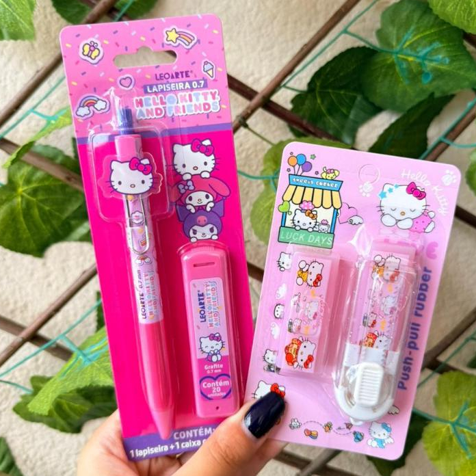 Kit Lapiseira Hello Kitty + 20 Grafites + Borracha 2 Refil Retratil Papelaria Fofa Leo&Leo Presente em Oferta na Shopee