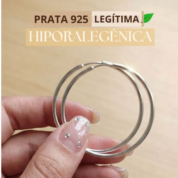 Brinco Argola Feminina de LUXO Prata 925 Legítima 3,5cm brilho intenso - HIPOALERGÊNICA.