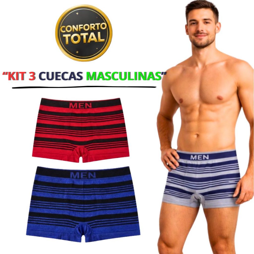 Kit 3 Cuecas Boxer Masculina Sem Costura Confortável Respirável Cueca Masculina Microfibra Elastano