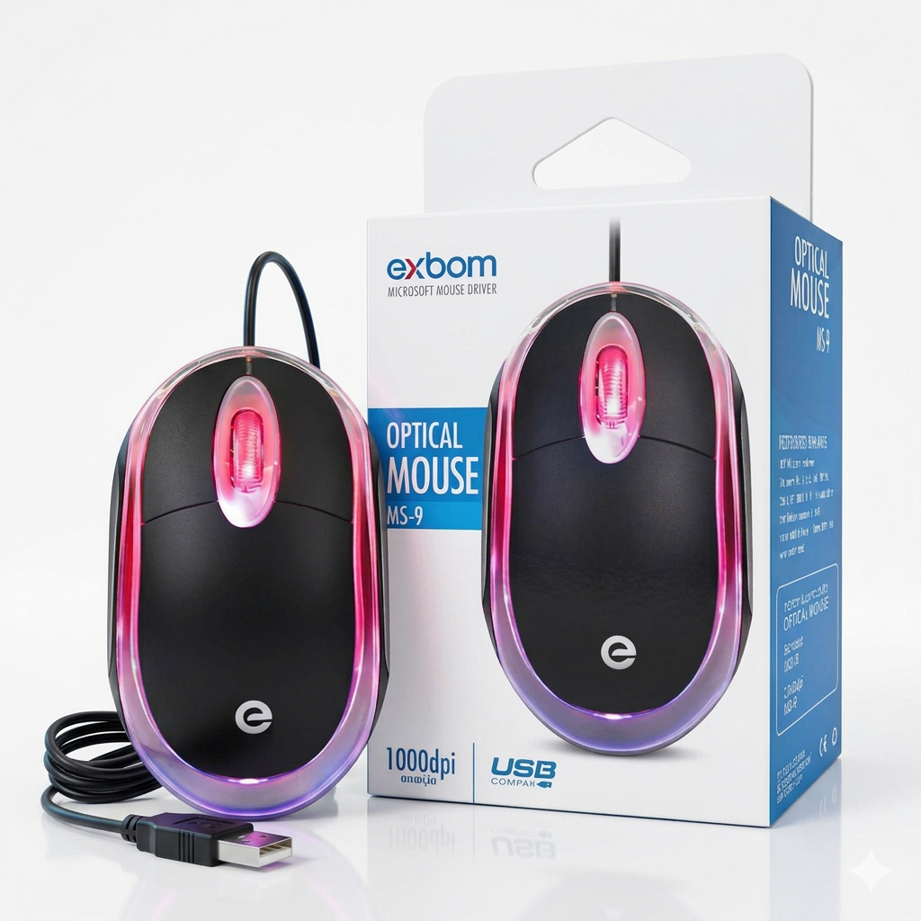Mouse USB Exbom MS-9 1200 DPI Óptico Com Fio Para PC Notebook Preto