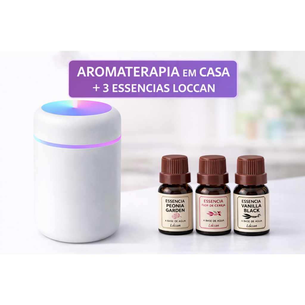 Umidificador Aromatizador MINI LED Difusor de Ambiente + 3 Essências Loccan 10ml Aromaterapia Casa Quarto