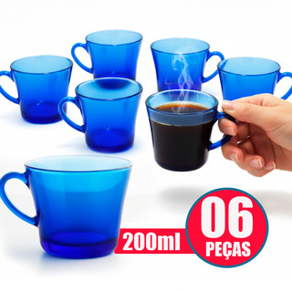 Kit Jogo 6 Xícaras de Chá e Café Vidro Azul 200ml – Modelo Sino Sem Pires