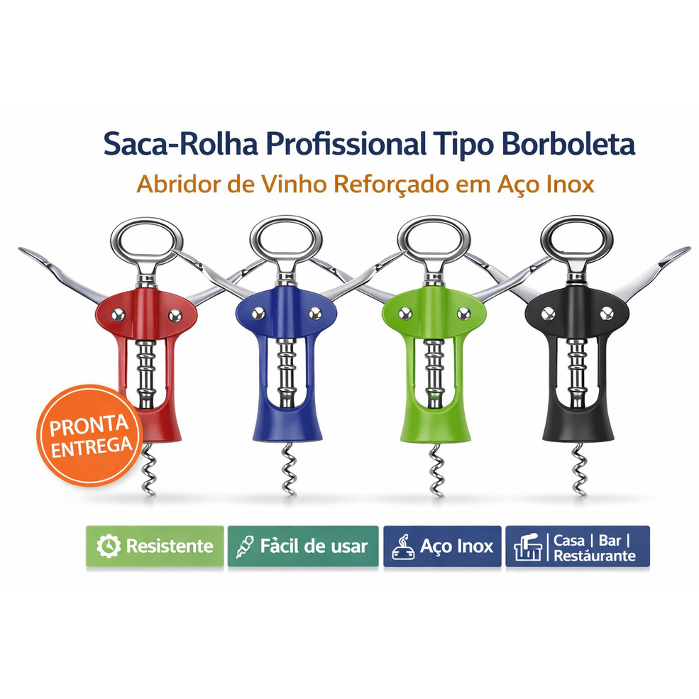Saca-Rolha Profissional Tipo Borboleta em Aço Inox | Abridor de Vinho 1 unidade