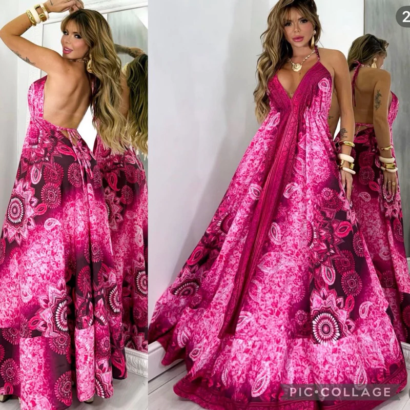 Vestido  Femenina Longo Indiano Estampado Elegante Tecido Crepinho Tamanho Única Veste 38 40 42 44 jó — imagem 1